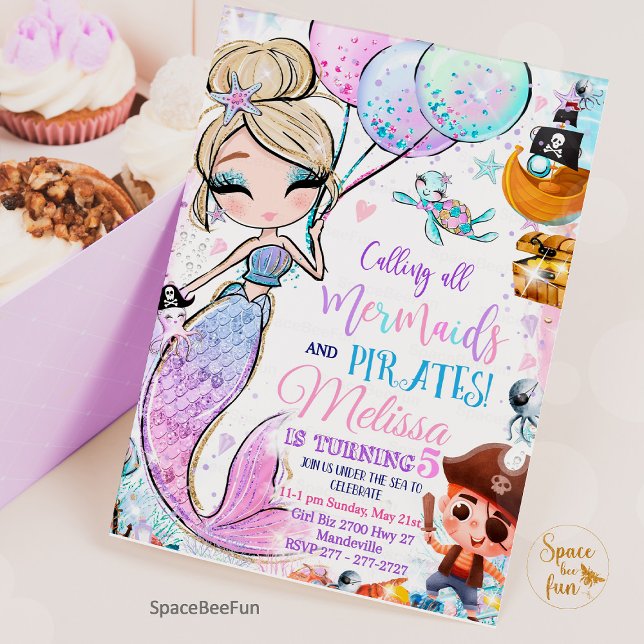 Invitation d'anniversaire de Sirène Sirène et pira (mermaid birthday party,Mermaid and pirates,Birthday Invitation,Mermaid Pirates invites,Party mermaid)
