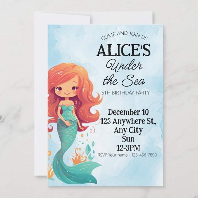 Invitation d'anniversaire de sirène sous la carte  (Devant)