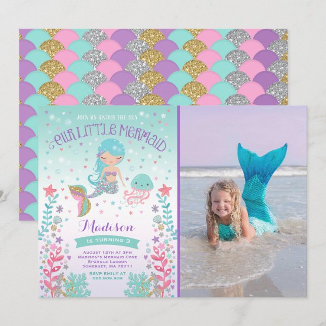 Invitation D'Anniversaire De Sirène Sous La Fête D (Devant / Derrière)