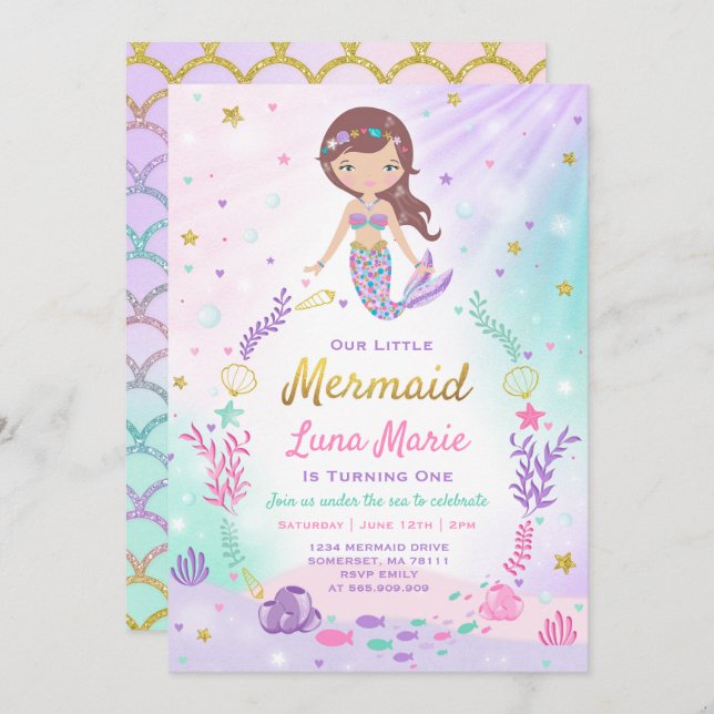 Invitation D'Anniversaire De Sirène Sous La Fête D (Devant / Derrière)