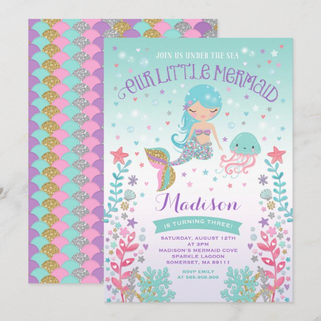 Invitation D'Anniversaire De Sirène Sous La Fête D (Devant / Derrière)