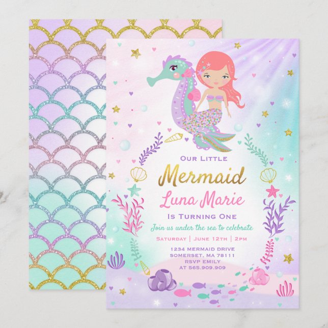 Invitation D'Anniversaire De Sirène Sous La Fête D (Devant / Derrière)