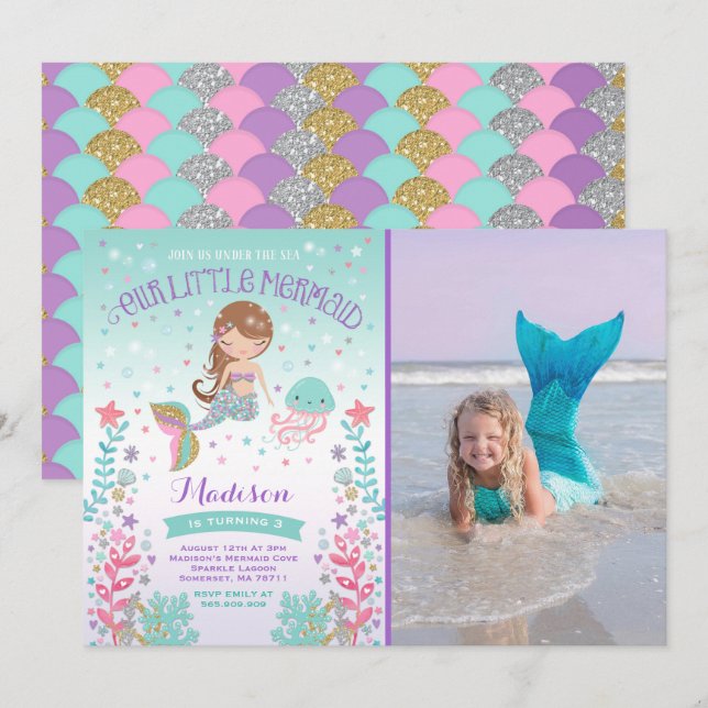 Invitation D'Anniversaire De Sirène Sous La Fête D (Devant / Derrière)