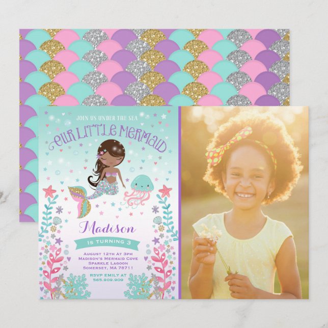 Invitation D'Anniversaire De Sirène Sous La Fête D (Devant / Derrière)