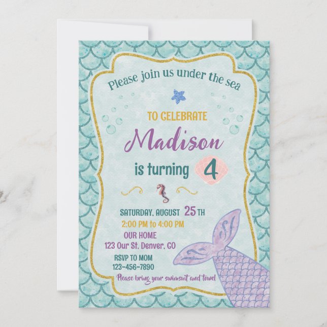 Invitation d'anniversaire de sirène Sous la mer (Devant)