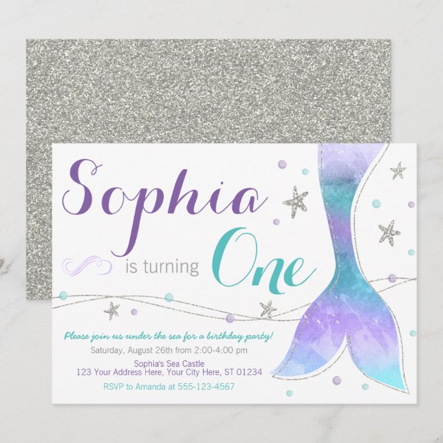 Invitation d'anniversaire de Sirène | Sous la mer (Devant / Derrière)