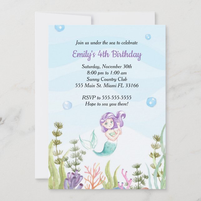 Invitation d'anniversaire de Sirène sous la mer (Devant)