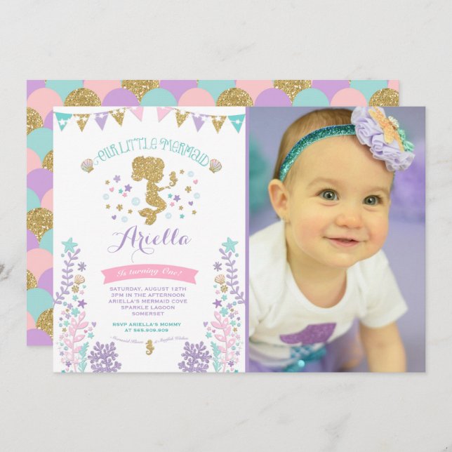 Invitation d'anniversaire de sirène sous la partie (Devant / Derrière)