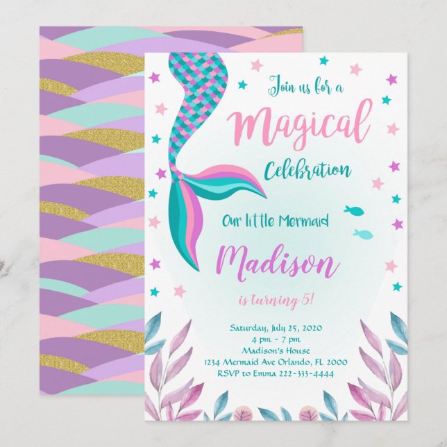 Invitation d'anniversaire de Sirène verte et rose (Devant / Derrière)