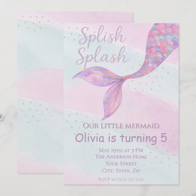 Invitation d'anniversaire de Splish Splash Sirène (Devant / Derrière)