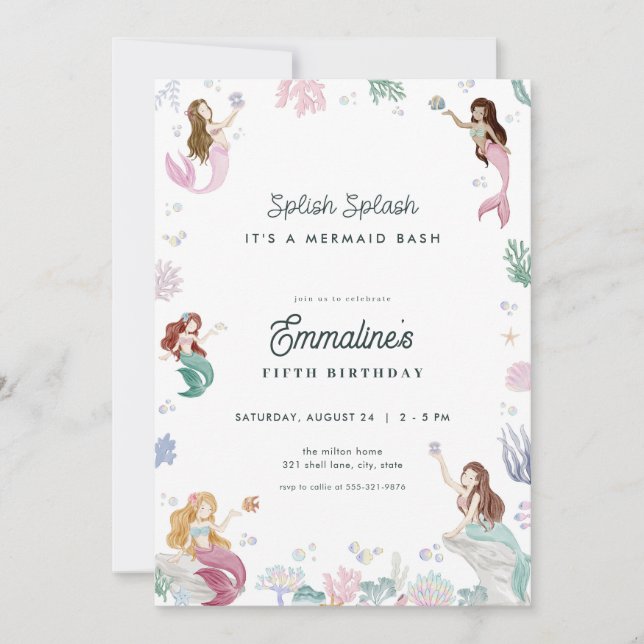 Invitation d'anniversaire de Splish Splash Sirène (Devant)