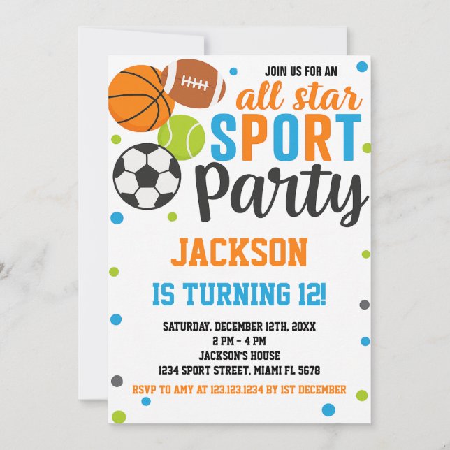 Invitation d'anniversaire de sport étoile (Devant)