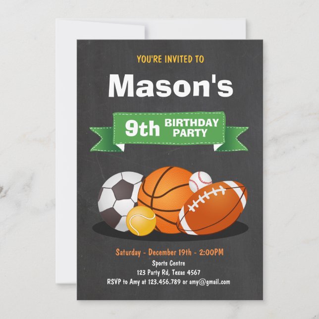 Invitation d'anniversaire de sport garçons de fête (Devant)