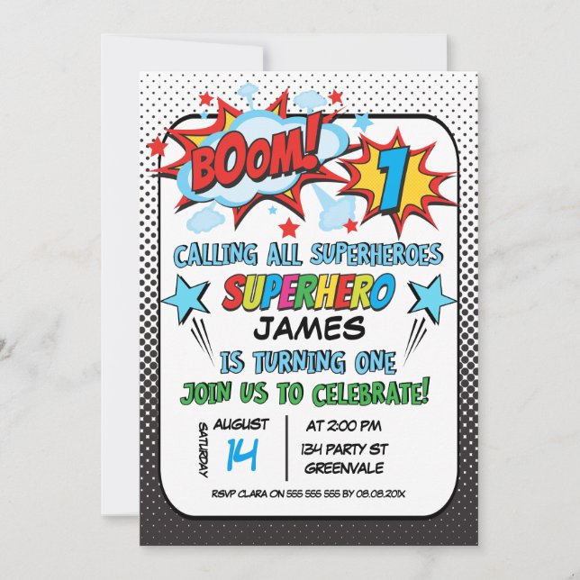 Invitation d'anniversaire de super héros de (Devant)