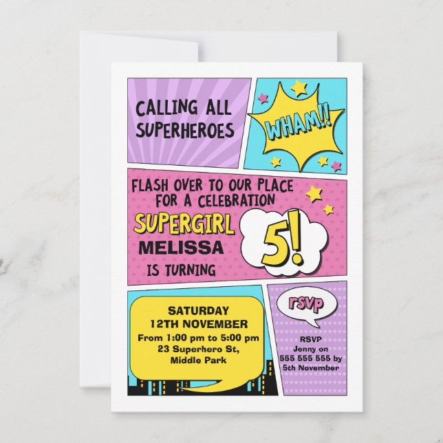 Invitation d'anniversaire de super héros de filles (Devant)