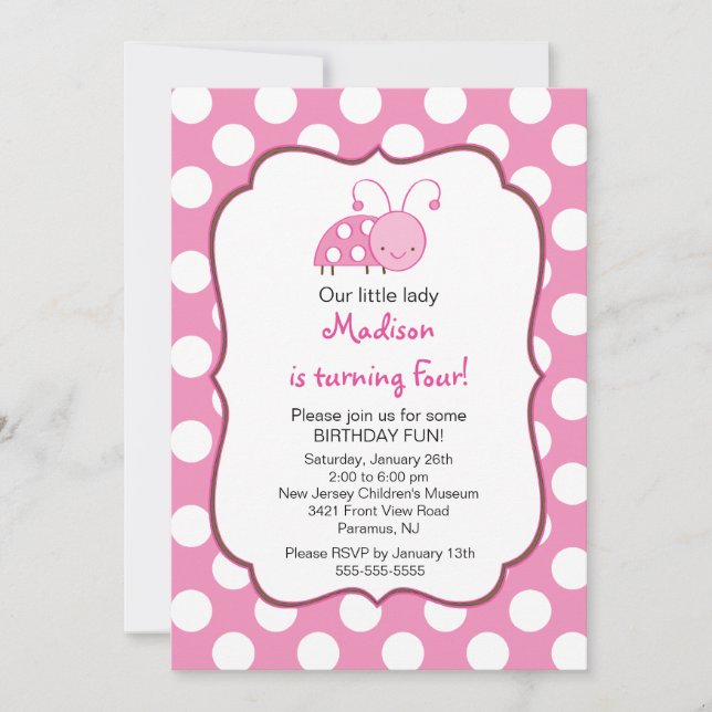 Invitation d'anniversaire de Sweet Pink Ladybugs (Devant)