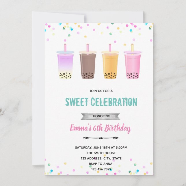 Invitation d'anniversaire de thé aux perles de lai (Devant)