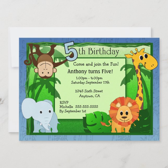 Invitation d'anniversaire de thème de jungle 5ème (Devant)