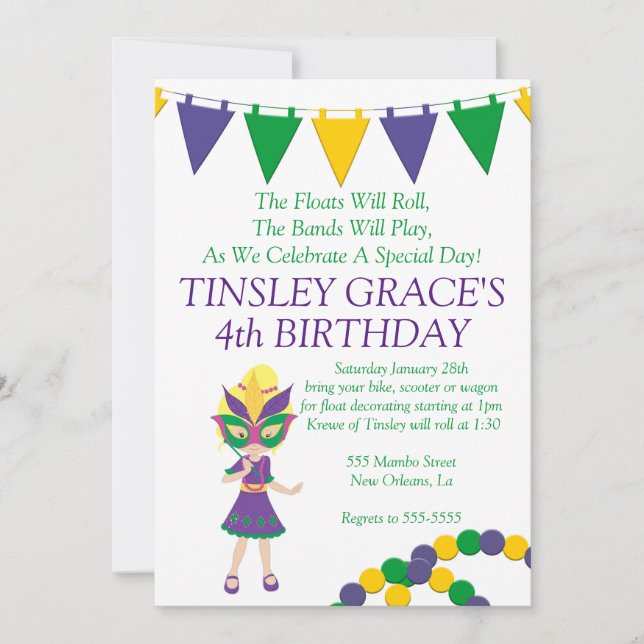 Invitation d'anniversaire de thème de mardi gras (Devant)