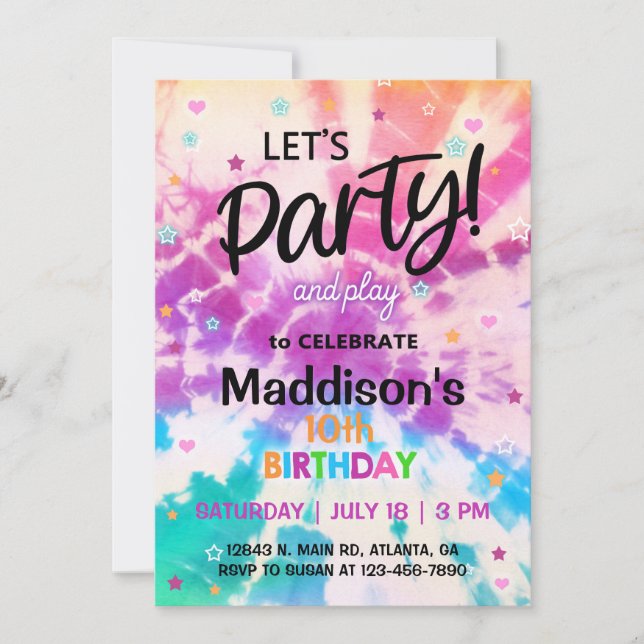 Invitation d'anniversaire de TieDye Girl. (Devant)