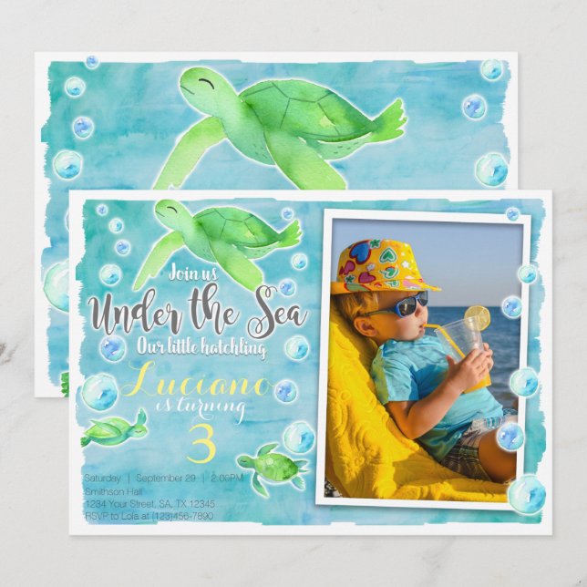 Invitation d'anniversaire de tortue de mer (Devant / Derrière)