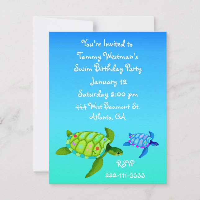 Invitation d'anniversaire de tortues (Devant)