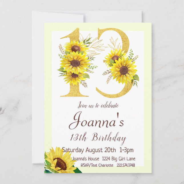 Invitation d'anniversaire de tournesol, 13e annive (Devant)