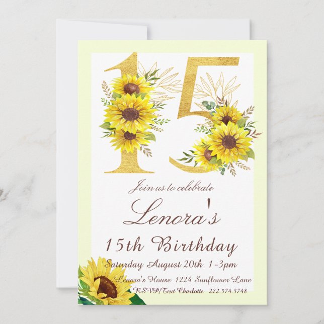 Invitation d'anniversaire de tournesol, 15e annive (Devant)