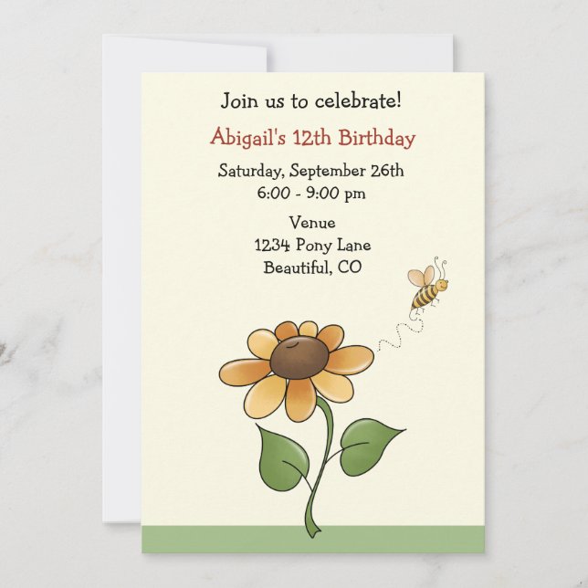 Invitation d'anniversaire de tournesol pour les fi (Devant)