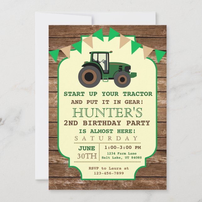 Invitation d'anniversaire de tracteur, (Devant)
