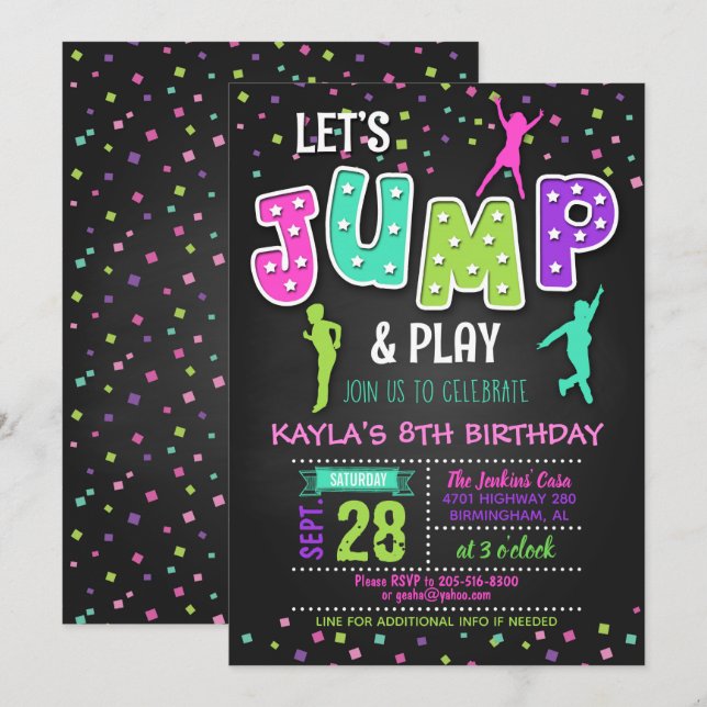 Invitation d'anniversaire de Trampoline - Fille (Devant / Derrière)