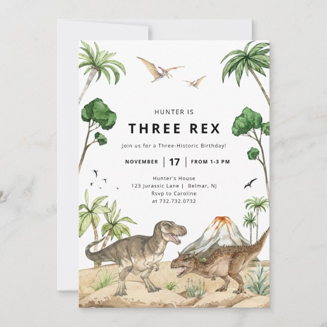 Invitation d'anniversaire de trois dinosaures Rex (Devant)