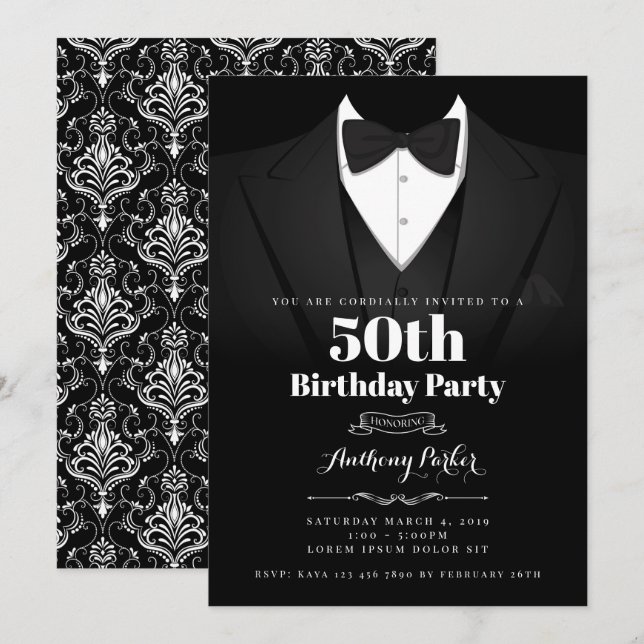 Invitation d'anniversaire de Tuxedo (Devant / Derrière)