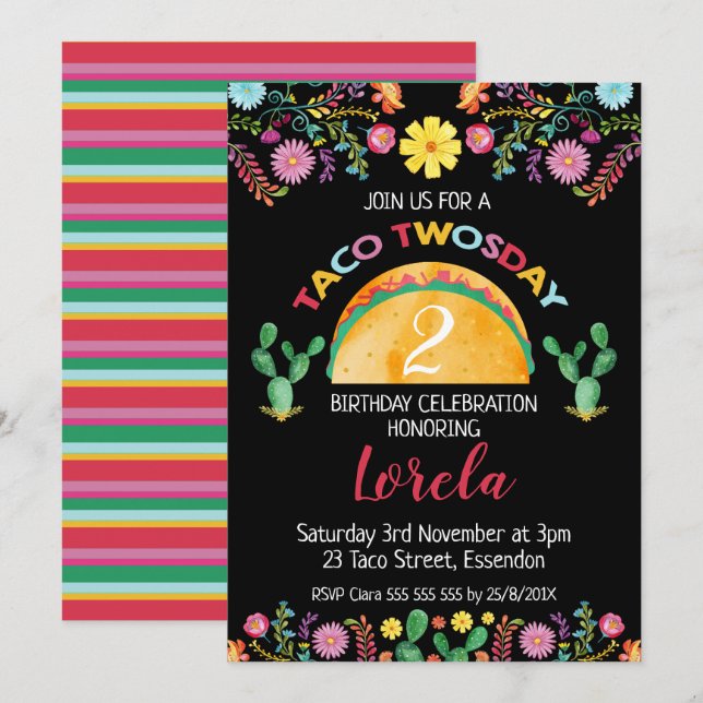 Invitation d'anniversaire de Twosday de taco (Devant / Derrière)