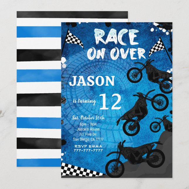 Invitation d'anniversaire de vélo bleu  (Devant / Derrière)