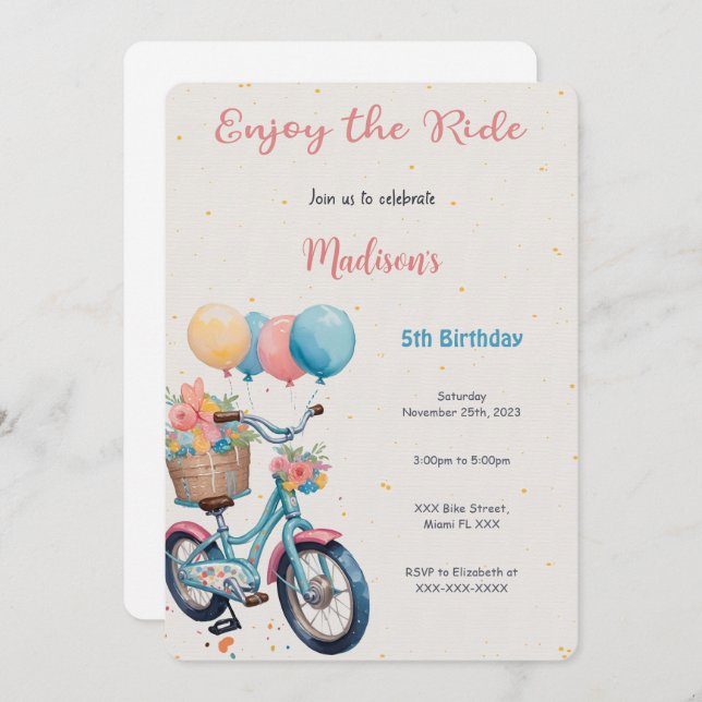 Invitation d'anniversaire de vélo rose et bleu (Devant / Derrière)