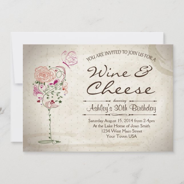 Invitation d'anniversaire de vin et de fromage (Devant)