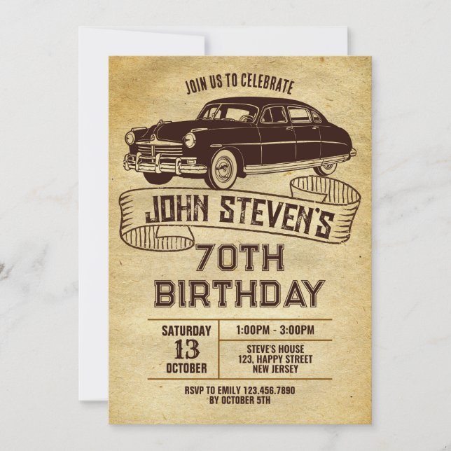 Invitation d'anniversaire de voiture classique num (Devant)