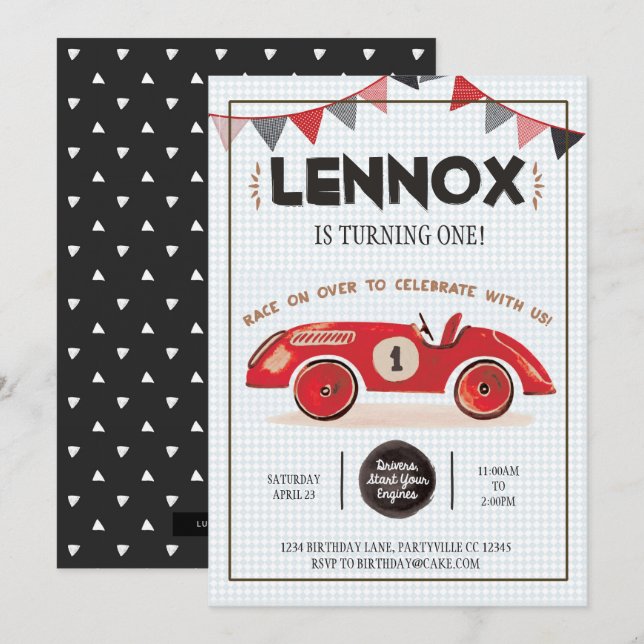 Invitation d'anniversaire de voiture de course (Devant / Derrière)
