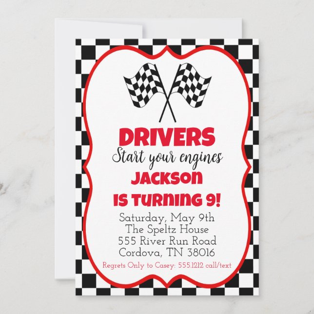 Invitation d'anniversaire de voiture de course (Devant)