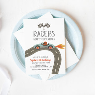 Invitation d'anniversaire de voiture de course ble