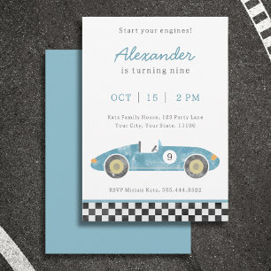 Invitation d'anniversaire de voiture de course ble