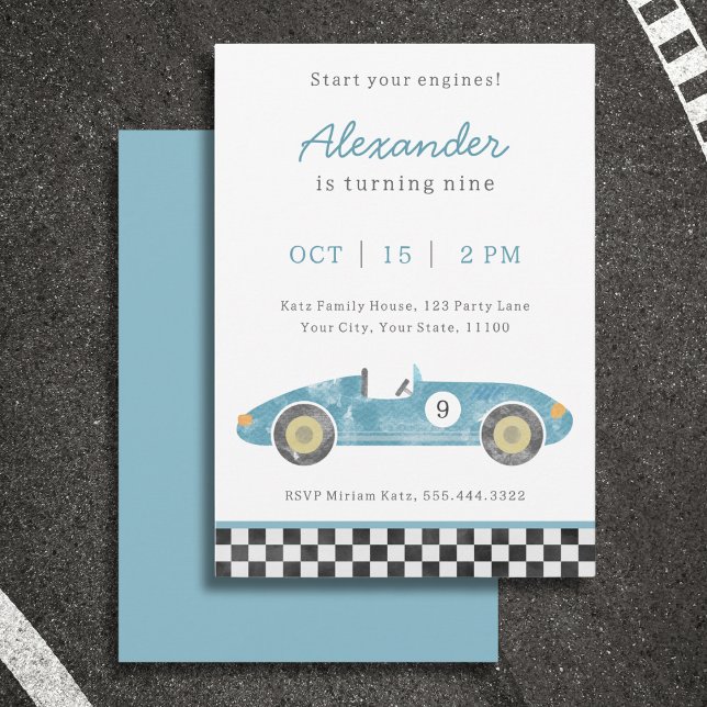 Invitation d'anniversaire de voiture de course ble (Créateur téléchargé)