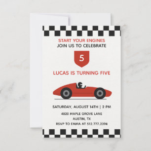 Invitation d'anniversaire de voiture de course rou
