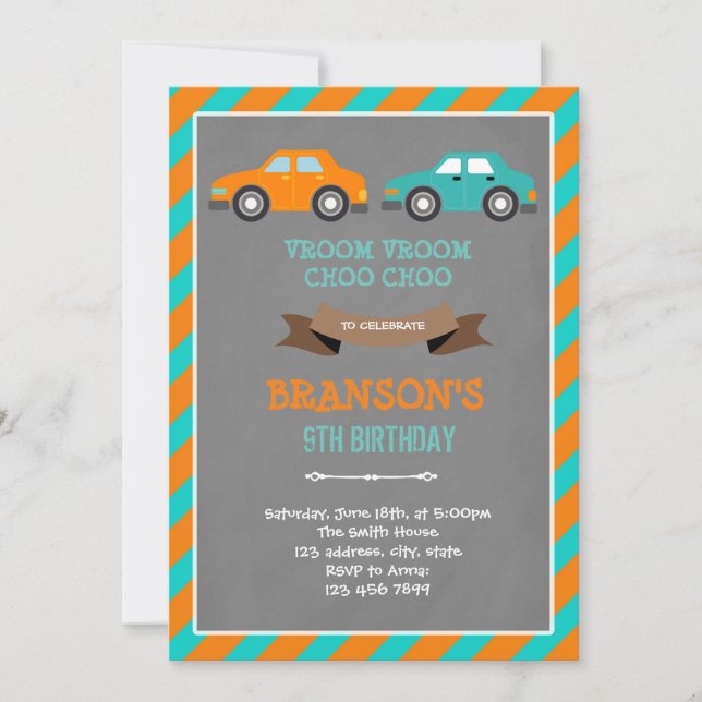 Invitation d'anniversaire de voiture orange et tur (Devant)
