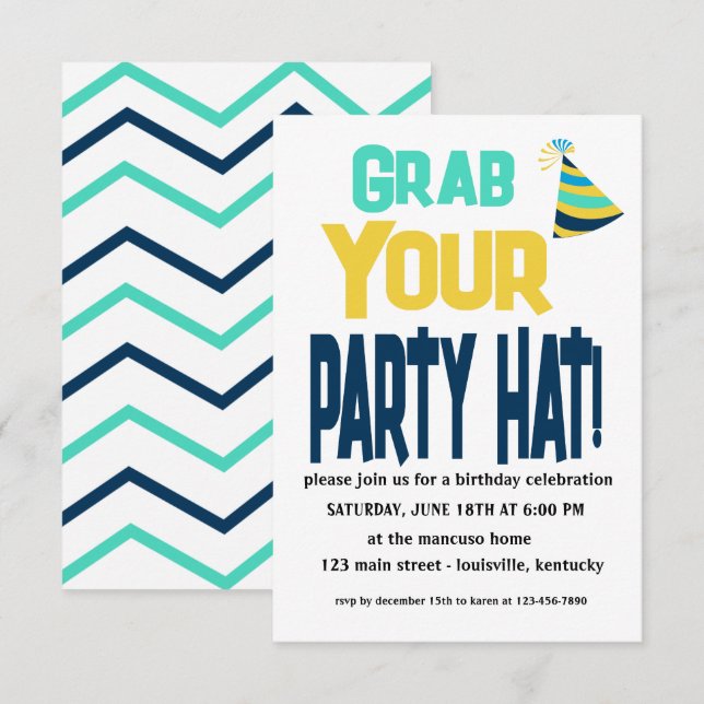 Invitation d'anniversaire de votre Casquette de fê (Devant / Derrière)