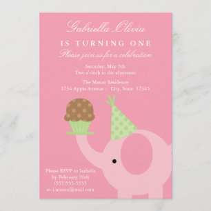 Invitation d'anniversaire d'éléphant rose 5x7