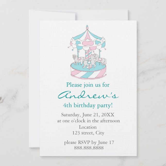 Invitation d'anniversaire d'enfant de carrousel (Devant)