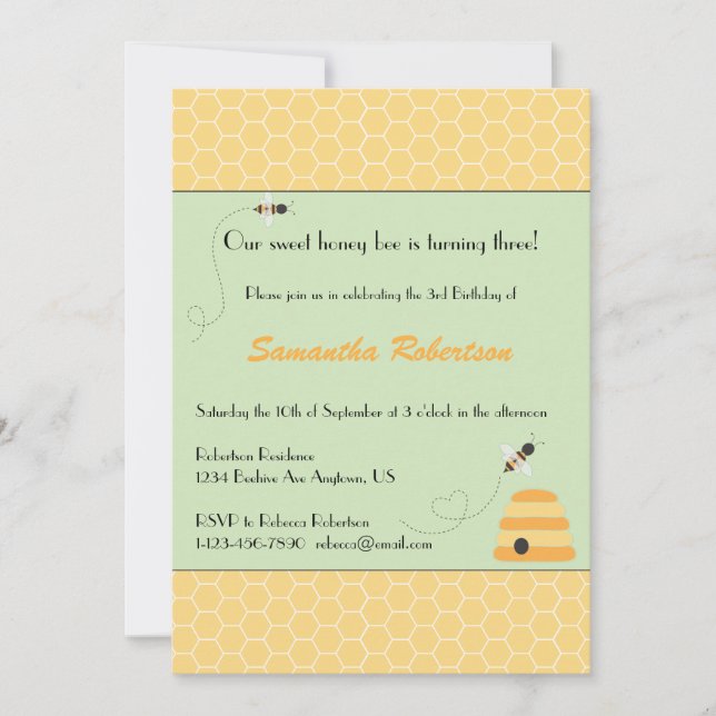 Invitation d'anniversaire des abeilles en efferves (Devant)