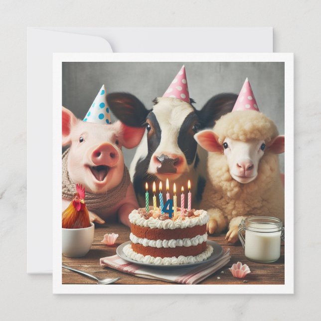 Invitation d'anniversaire des animaux de ferme, an (Devant)